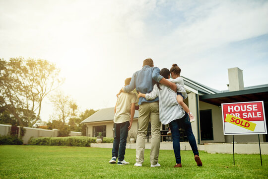 Mortgage, hug and parents with children, new home and milestone for homeowner with property and yard. Real estate, sold and embrace for relocation to house, space and investment for people with kids