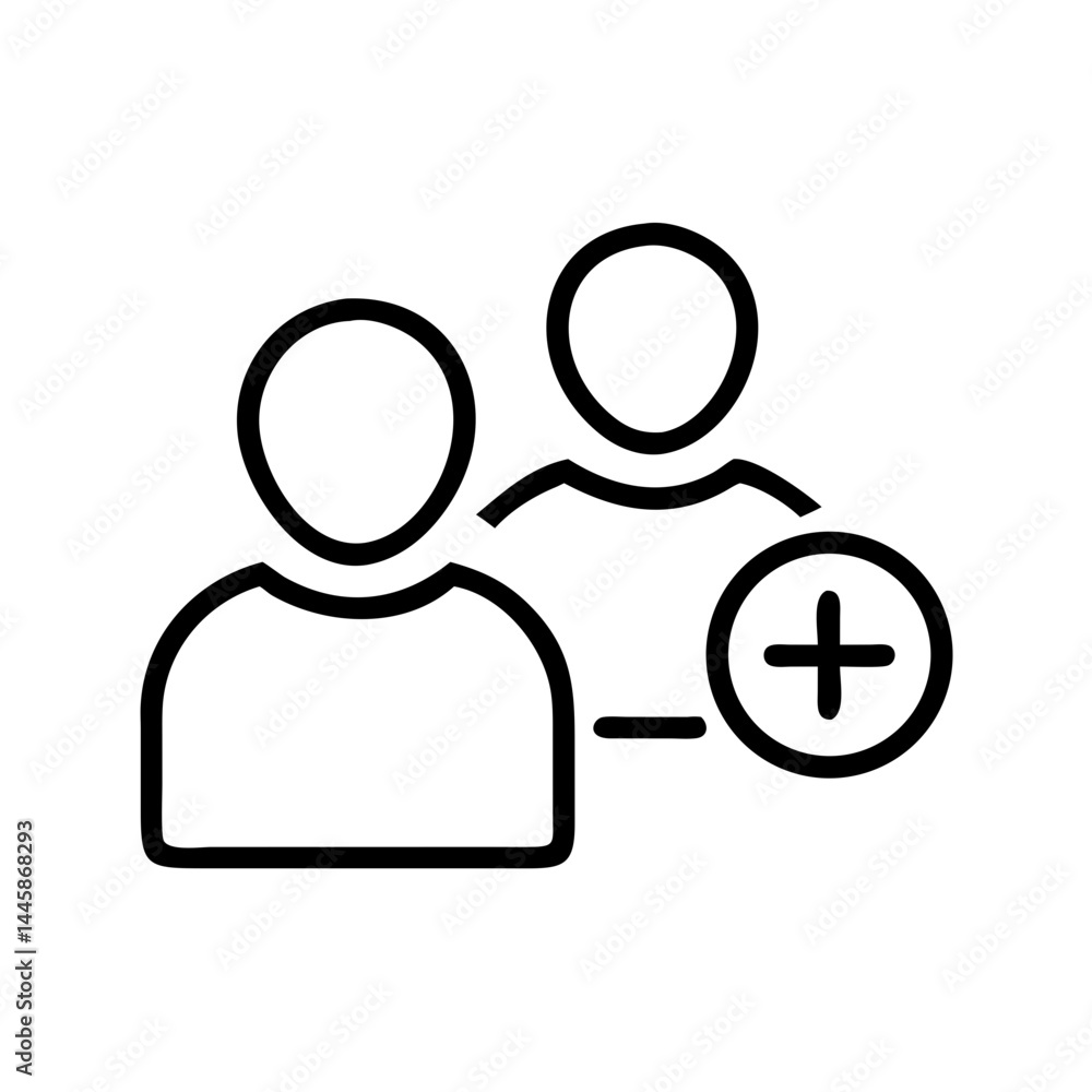 Poster add friend icon symbol with two users and plus sign on white background with copy space