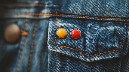 Close-up of a denim jacket pocket with two colorful buttons.