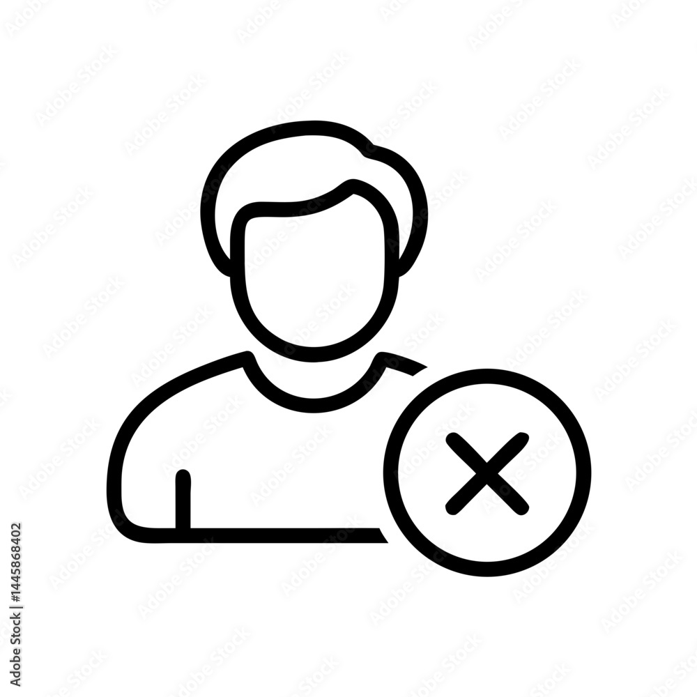 Poster unfollow icon symbol with a user and a cross mark on white background with copy space