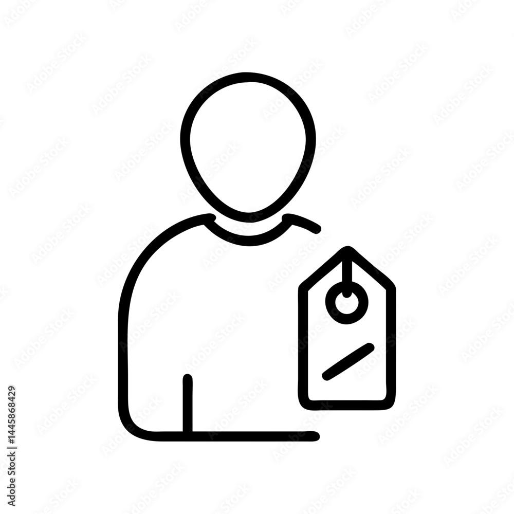 Poster user tag icon symbol with a user and a tag on white background with copy space