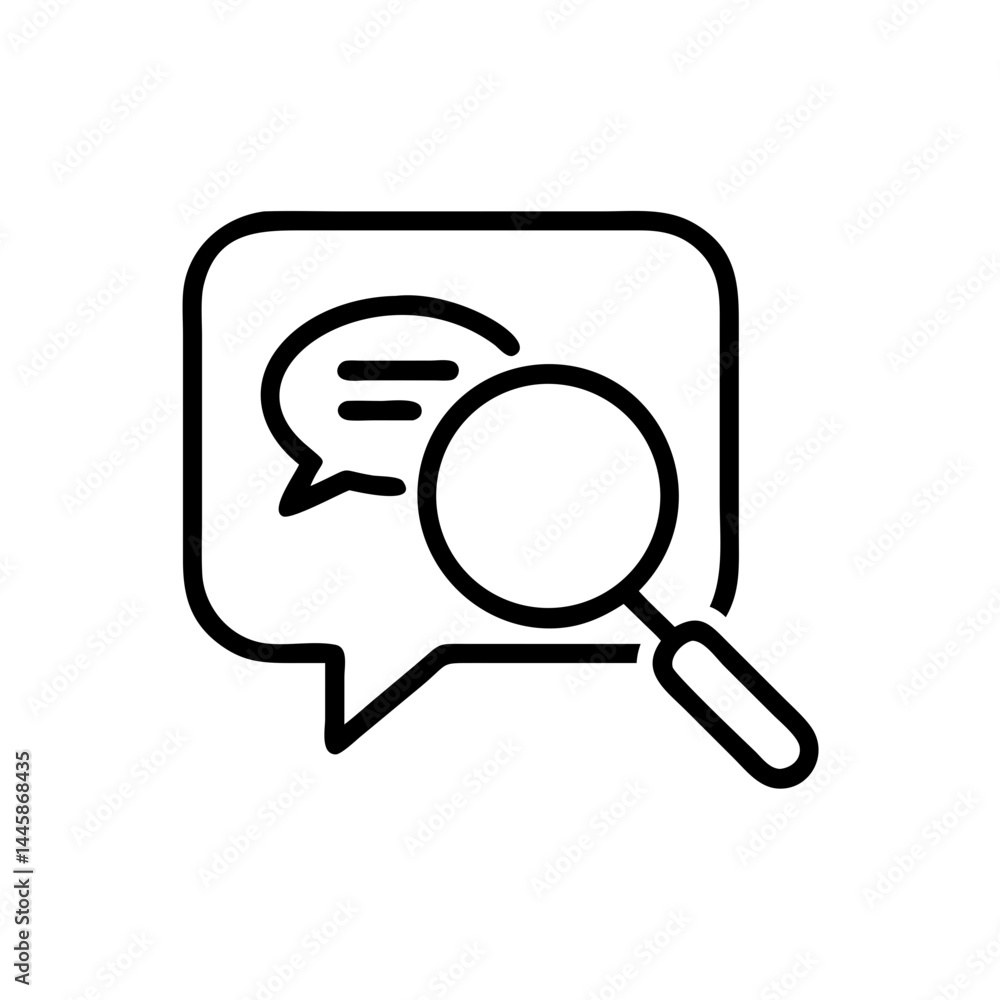 Poster search messages icon symbol with a magnifying glass and speech bubble on white background with copy 