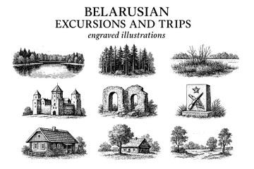 Belarusian landscapes captured in elegant engravings showcasing the beauty of nature and history through intricate illustrations