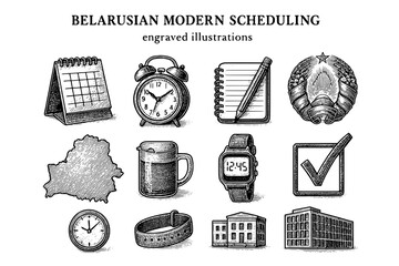 Engraved illustrations of Belarusian modern scheduling concepts highlighting time management and organization