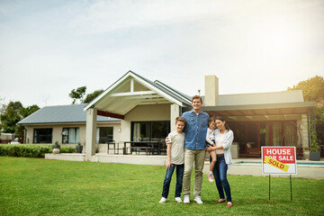Mortgage, portrait and parents with children, new home and milestone for homeowner with property....