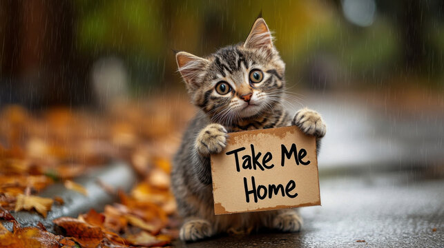 A cute homeless cat holds a paper with the text “Take Me Home”