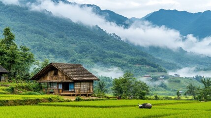 Obraz premium Misty Mountain Village Farmhouse