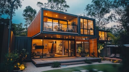 Exterior view of a modern energy efficient and sustainable shipping container house surrounded by lush trees and greenery with warm lighting illuminating the minimalist architecture at sunset