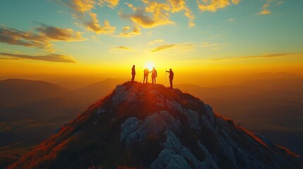 Silhouetted climbers on mountaintop at sunrise.  Group of five figures stand on the summit of a majestic mountain range, appreciating the golden sunrise