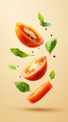 Elegant levitation featuring fresh tomato slices basil leaves and pepper grains set against soft backdrop