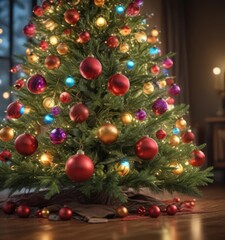 Vibrant baubles adorn a glowing Christmas tree, bokeh lights surround ,  christmas tree lights,  xmas,  winter wonderland