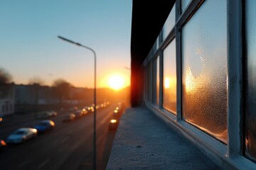 Fototapeta premium Sunrise over city street with frosted window panes in early morning light