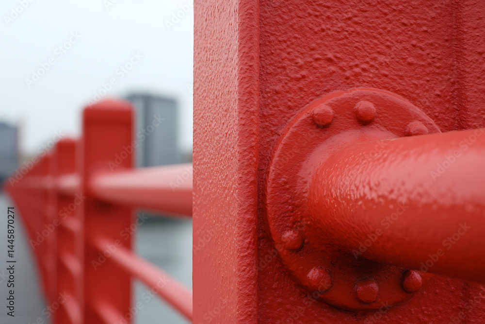 Poster a close-up of a vibrant red railing with a pipe connection, creating a striking visual contrast. str