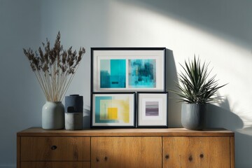 A stylish living room with framed artwork, plants, and warm wooden furniture bathed in sunlight.