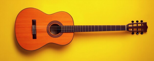 Obraz premium A beautiful acoustic guitar lies on a bright yellow surface
