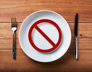 no food concept with forbidden symbol on plate with fork and knife on wooden table overhead view
