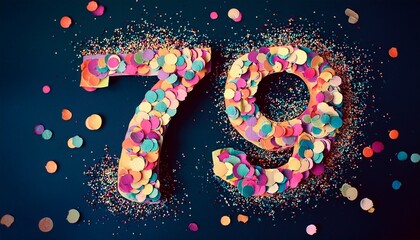 Number 79 made out of confetti. Photo for seventy-ninth birthday or anniversary party