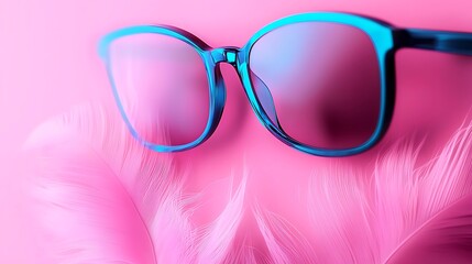 Vibrant sunglasses resting on soft pink feathers against a bright pink background