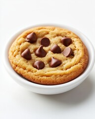 Delicious golden chocolate chip cookie on a white ceramic bowl close up bakery style sweet tooth treat food design