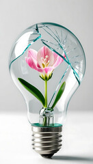Idea Concept Art – Flower Inside Cracked Light Bulb Representing Fragility and Hope