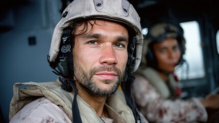 Two military personnel in camouflage uniforms and helmets sitting inside aircraft cockpit during mission