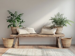 Rustic Bench with Plants and Pillows Calm Interior Design Light Wooden Bench in a Bright Airy Room