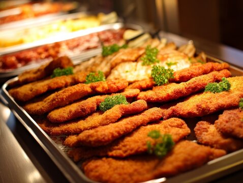 A tray of breaded and fried chicken cutlets, ready to serve in a restaurant or buffet.