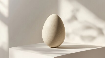 Speckled Stone Egg Displayed on White Geometric Surface with Shadow and Light
