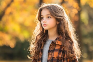Naklejka premium Lifestyle portrait of young girl walking beside trees, bright sunny day