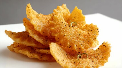 Golden crispy thin crackers with sesame seeds and herbs piled on white surface, appetizing snack food concept - Powered by Adobe