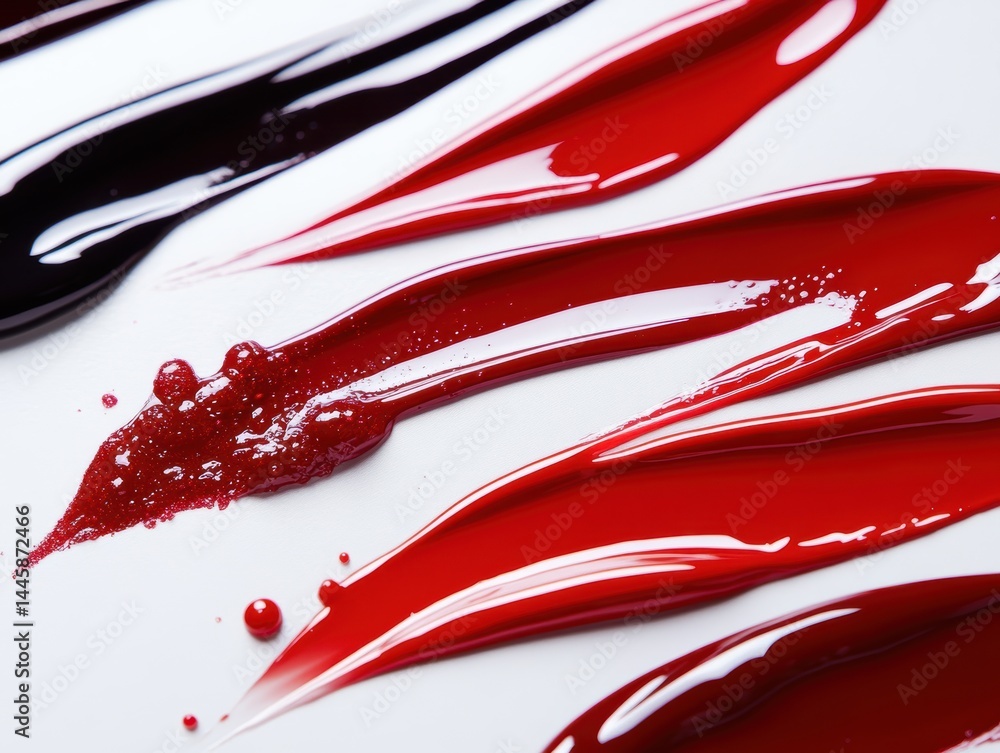Poster vivid abstract rows of glossy red and black cosmetics on light surface creating bold modern backgrou