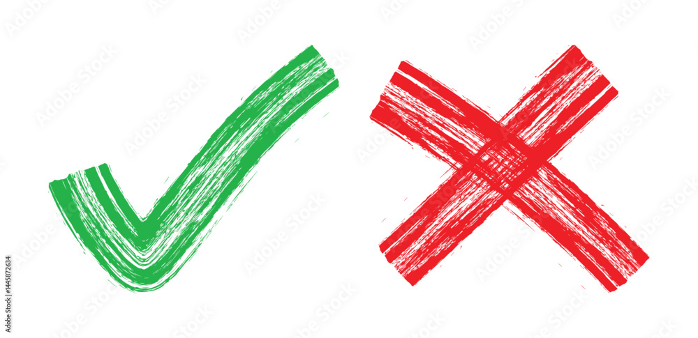 Poster grunge green check mark and red x sign design elements. vector hand drawn check mark and cross mark 