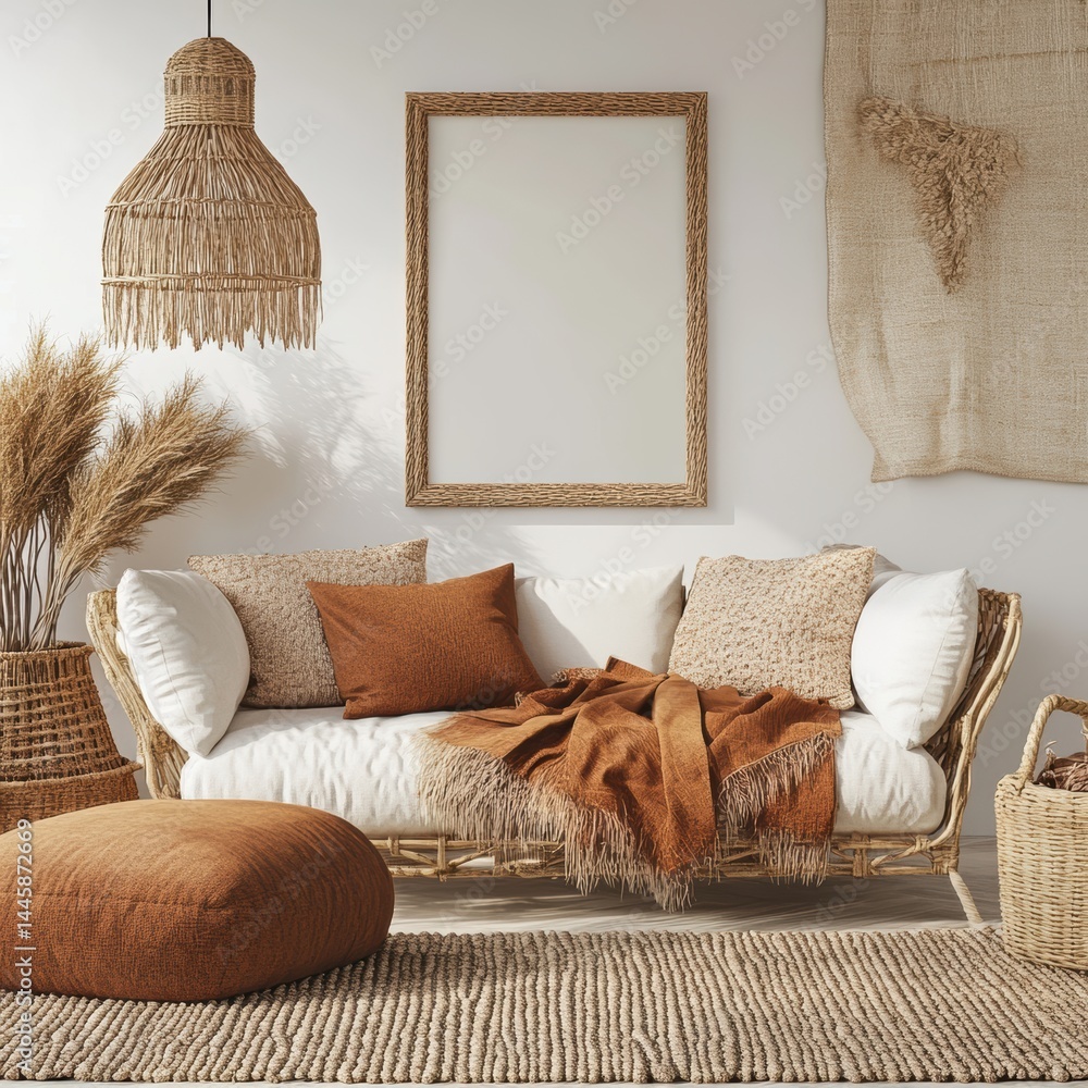 Poster bohemian living room style with cozy wicker sofa frame and light neutral color scheme