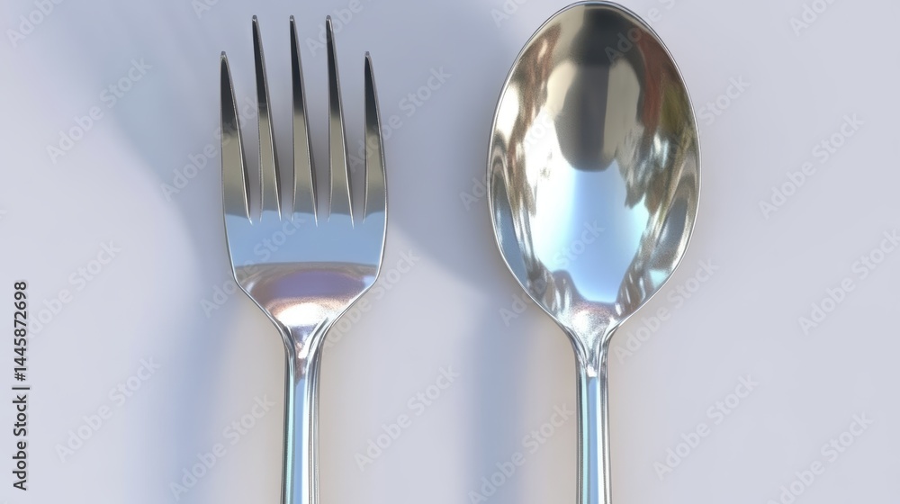 Poster captivating still life of pristine silver fork and spoon utensils on plain background with elegant s