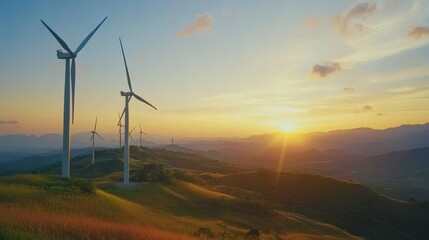 Obraz premium Wind turbines harnessing the power of nature on a hill at sunset clean sustainable energy technology