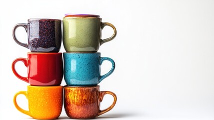 Stacked Colorful Ceramic Mugs Arranged Vertically Against Plain White Backdrop With Diverse Textures and Detailed Design