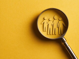 Family group focus under magnifying glass concept on bright gold backdrop top down macro perspective