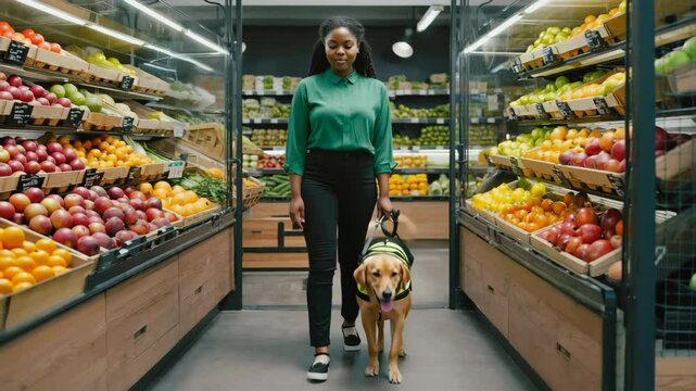 Blind woman shopping in grocery store with guide dog, navigating aisles independently, showing accessibility, confidence and everyday inclusion in public life