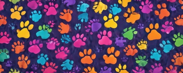 Vibrant paw prints, seamless repeat, colorful dog paws, design, adorable