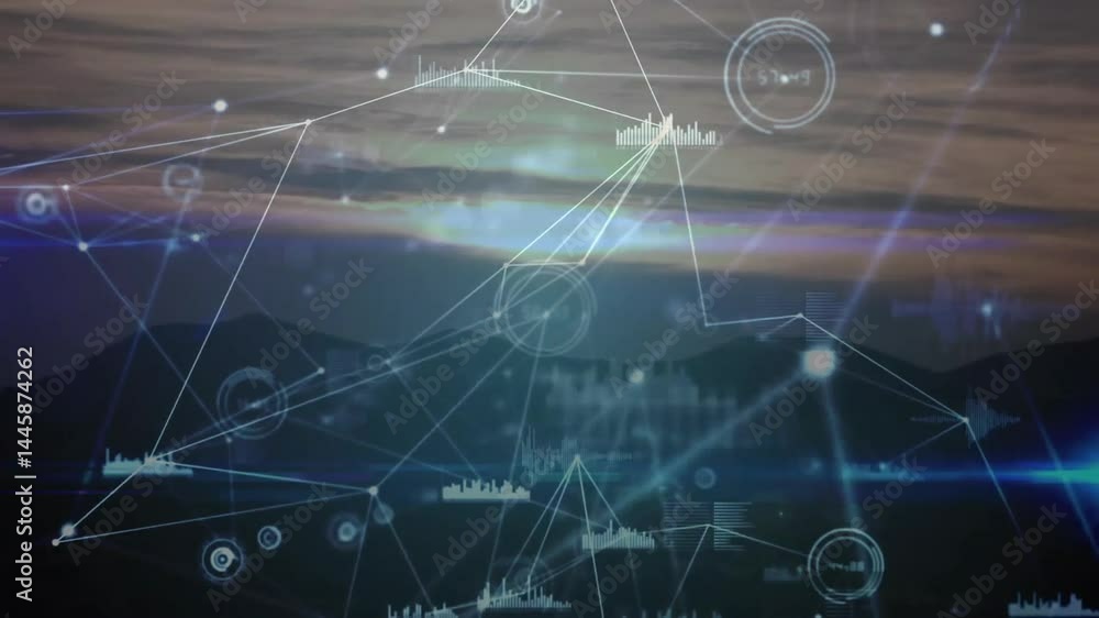Poster digital network overlay flowing over dusk sky showing circular nodes connecting lines bars gauges
