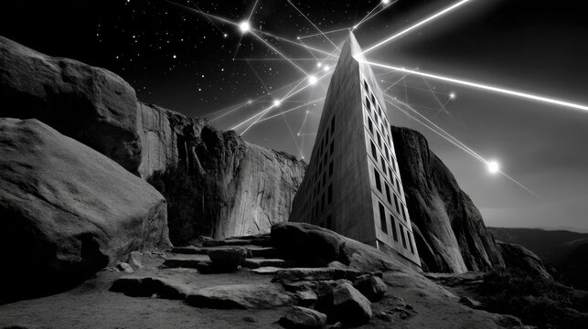 Surreal Monolithic Building in a Rocky Landscape Under Night Sky with Constellations and Light Lines