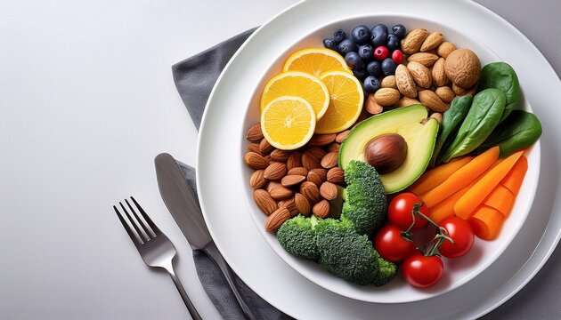 healthy food on white plate world health day cocept