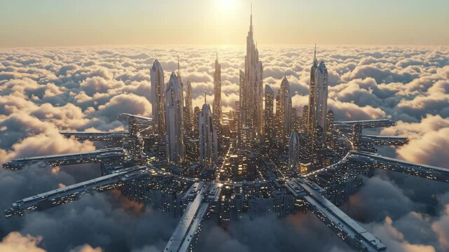 Sky metropolis glowing in twilight with slow zoom  