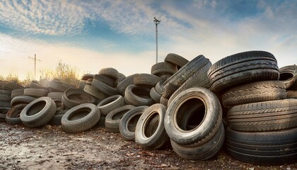 background of old worn car tyres on junkyard