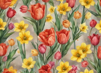 Vibrant tulips & daffodils burst forth on textured watercolor paper  , watercolor, floral