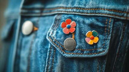 Close-up of denim jacket pocket with colorful flower pins.
