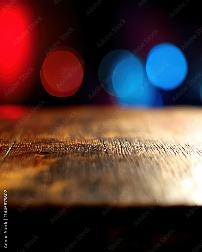 Aufkleber Wooden table with festive red and blue bokeh lights creating a cozy ambiance ideal for backgrounds