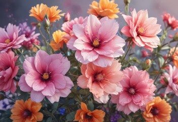 Fototapeta premium Vibrant watercolor blooms, lush petals, artistic style, flowers, realistic, summer