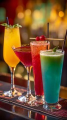 A line of expertly crafted, colorful cocktails, ready to be enjoyed for any fun event.