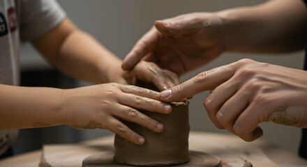 Hands Teaching Child Pottery Making with Clay